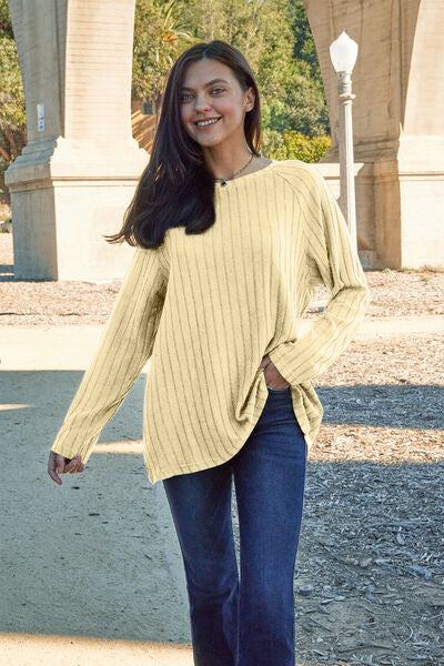 Ribbed Round Neck Long Sleeve Knit Top