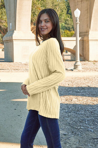 Ribbed Round Neck Long Sleeve Knit Top