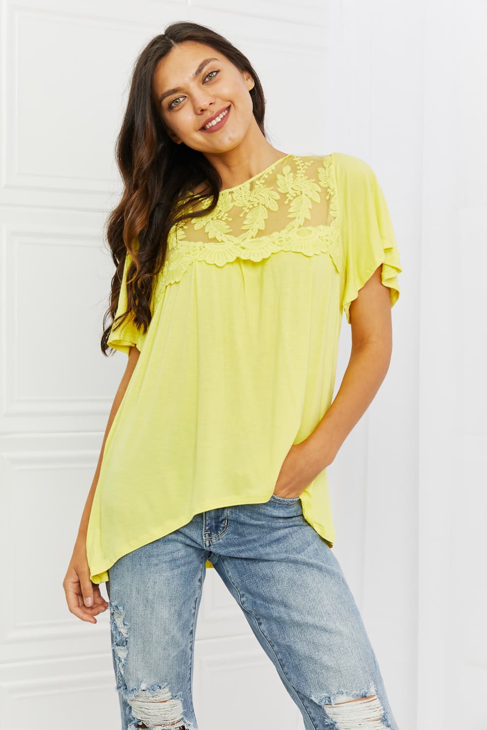 Yellow Mousse Lace Embroidered Top
