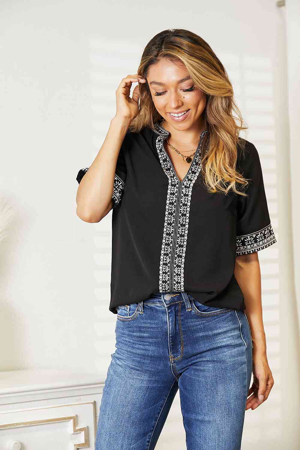 Embroidered Notched Neck Top