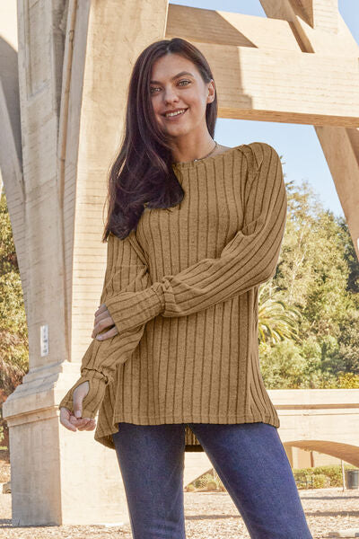 Ribbed Round Neck Long Sleeve Knit Top