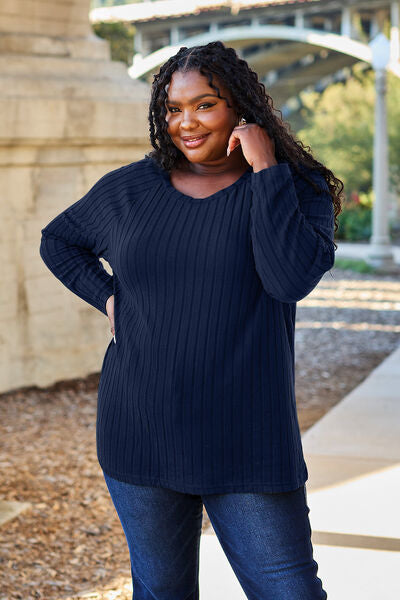 Ribbed Round Neck Long Sleeve Knit Top