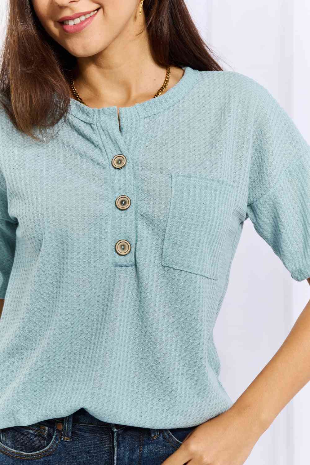 1/4 Button Down Waffle Top in Blue