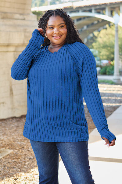 Ribbed Round Neck Long Sleeve Knit Top