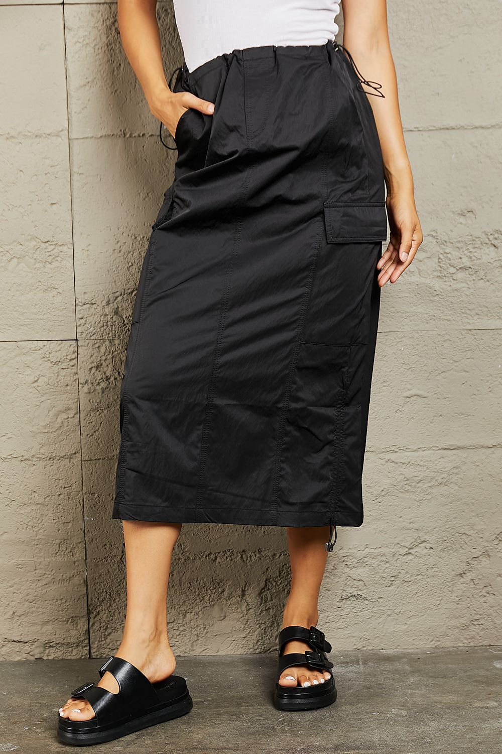 Black High Waisted Cargo Midi Skirt in Black