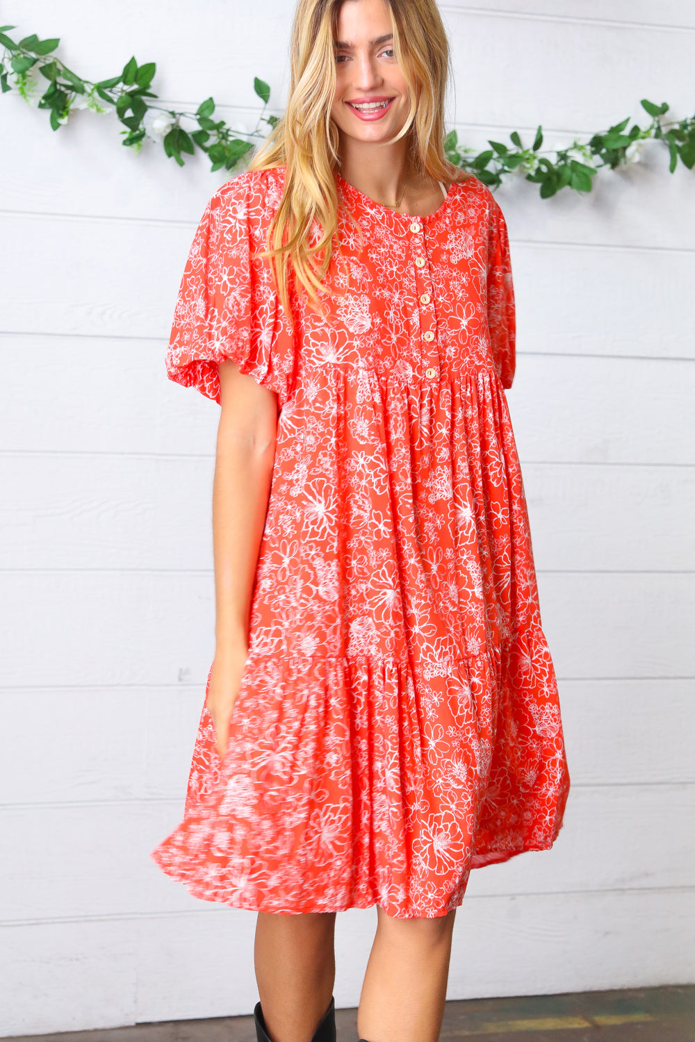 Coral Floral Flutter Sleeve Button Tiered Dress