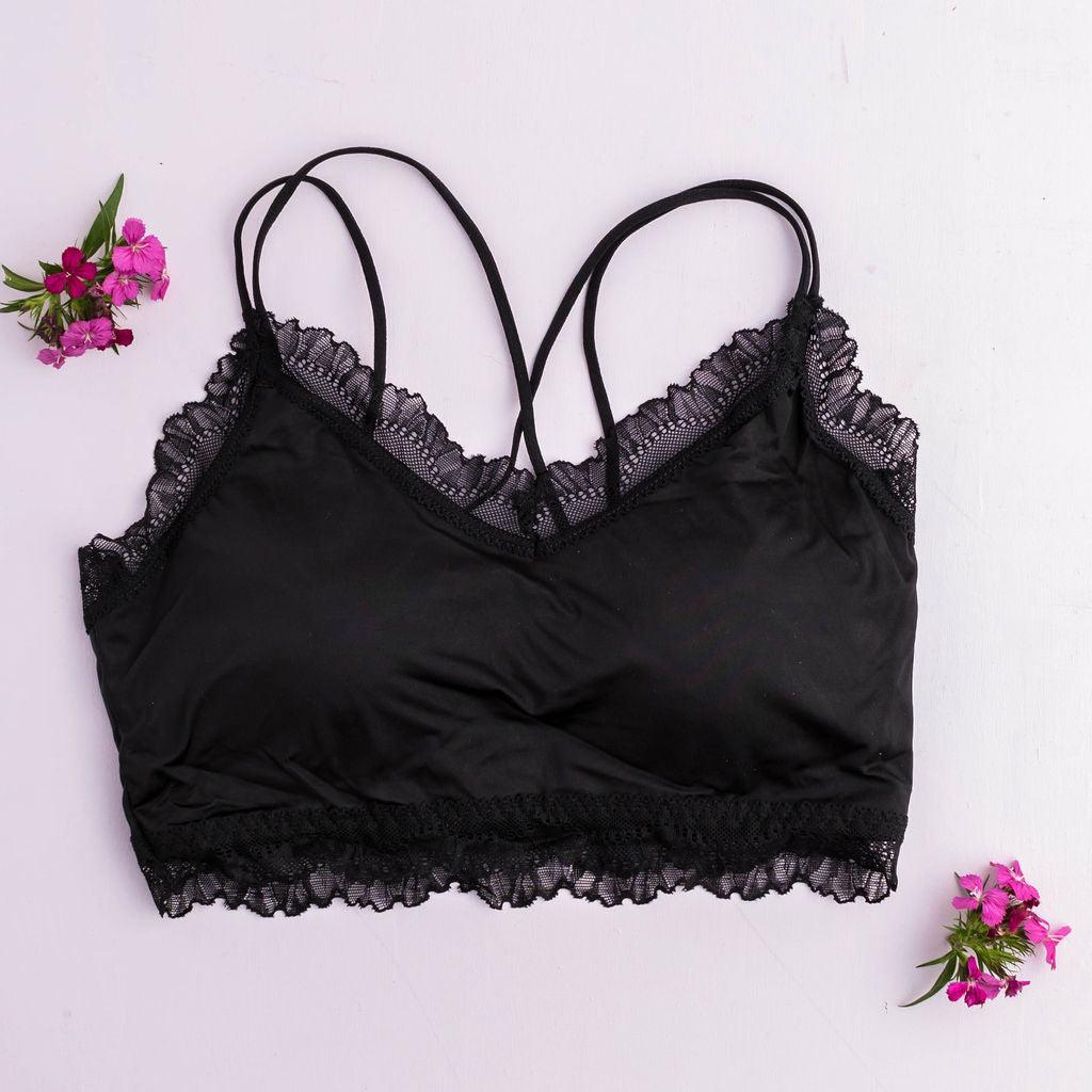 Satin Lace Strappy Back Bralette - Black - Lavender Latte Boutique