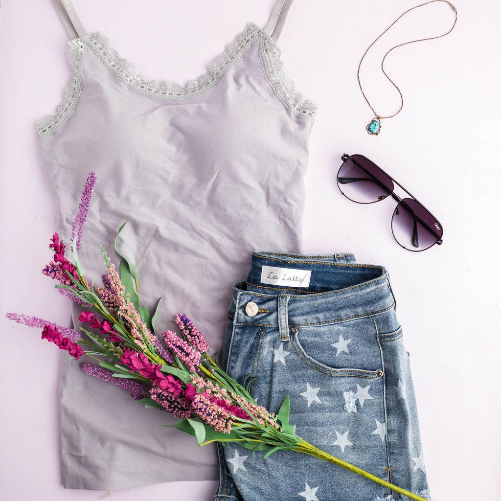 Lace Built In Bra Padded Cami Tank - Grey - Lavender Latte Boutique