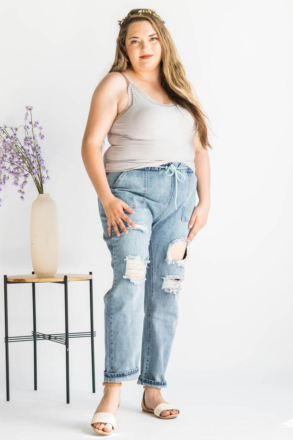 Distressed Boyfriend Denim Joggers Jeans - Lavender Latte Boutique