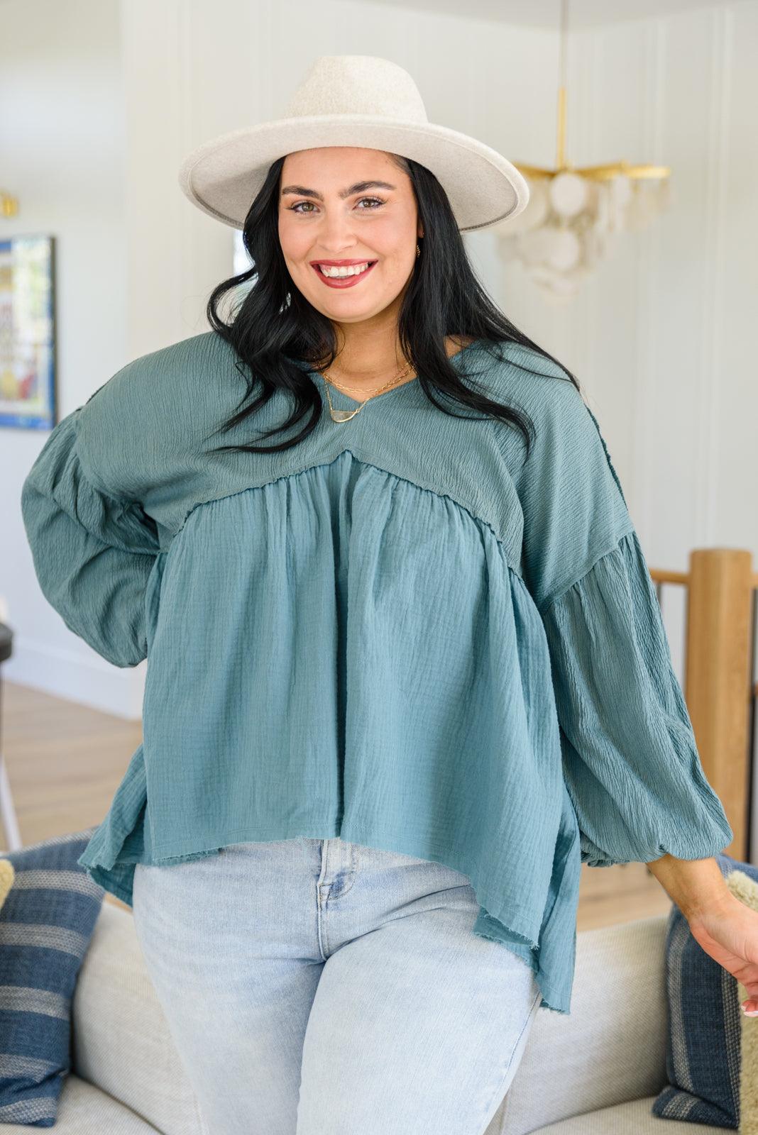 Teal Balloon Sleeve Babydoll Top - Lavender Latte Boutique