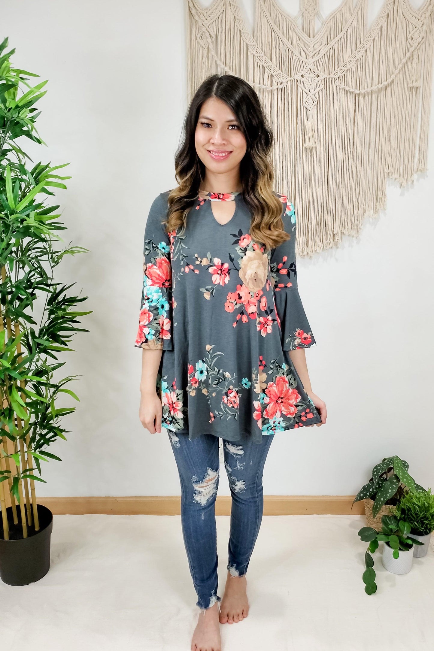 Charcoal Floral Keyhole Bell Sleeve Tunic Top - Lavender Latte Boutique