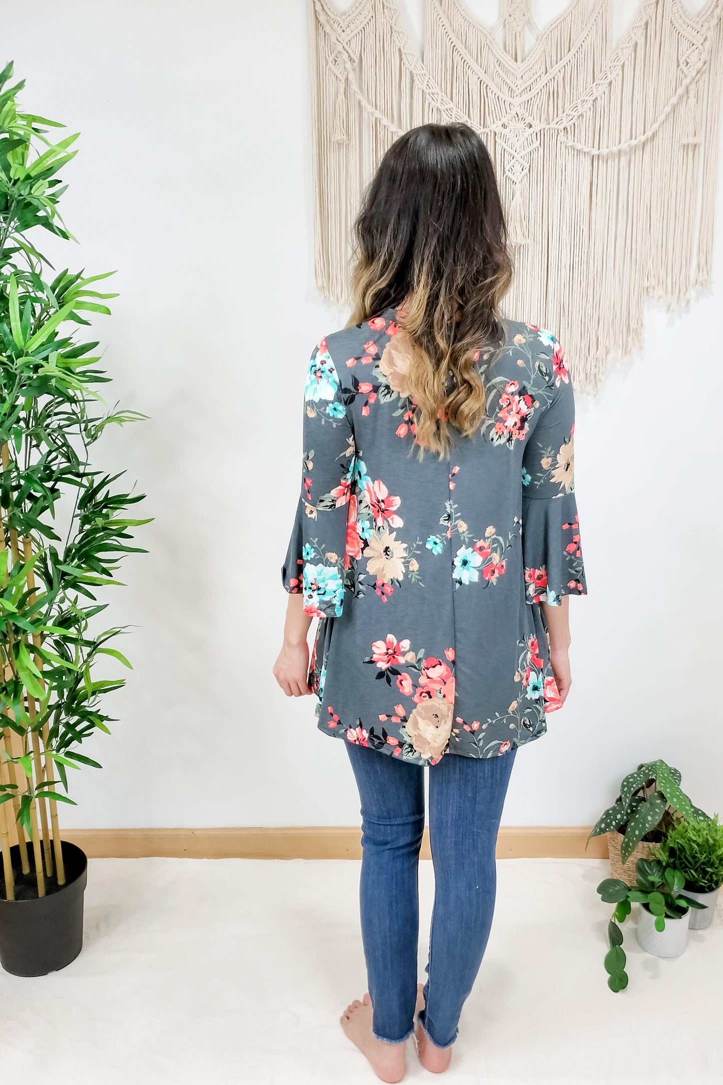 Charcoal Floral Keyhole Bell Sleeve Tunic Top - Lavender Latte Boutique