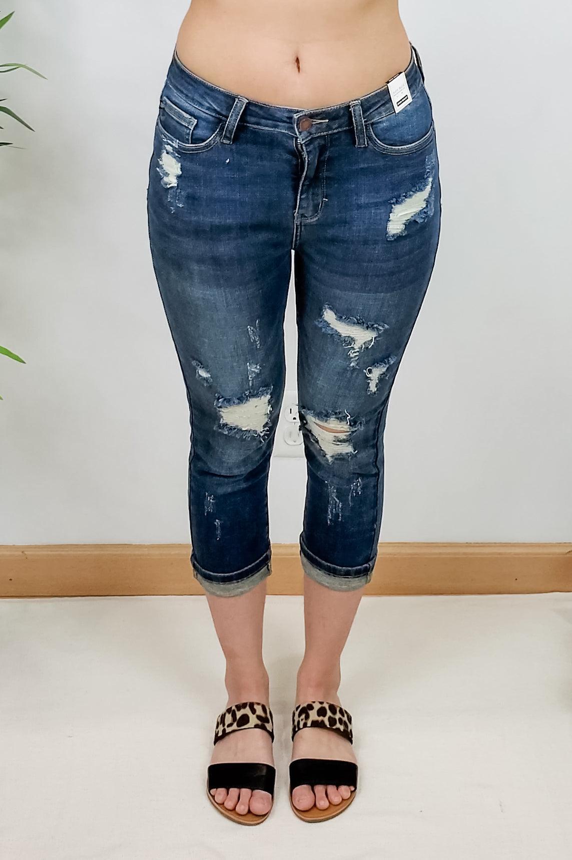 Judy Blue High Rise Cuffed Distressed Capri Jeans - Lavender Latte Boutique