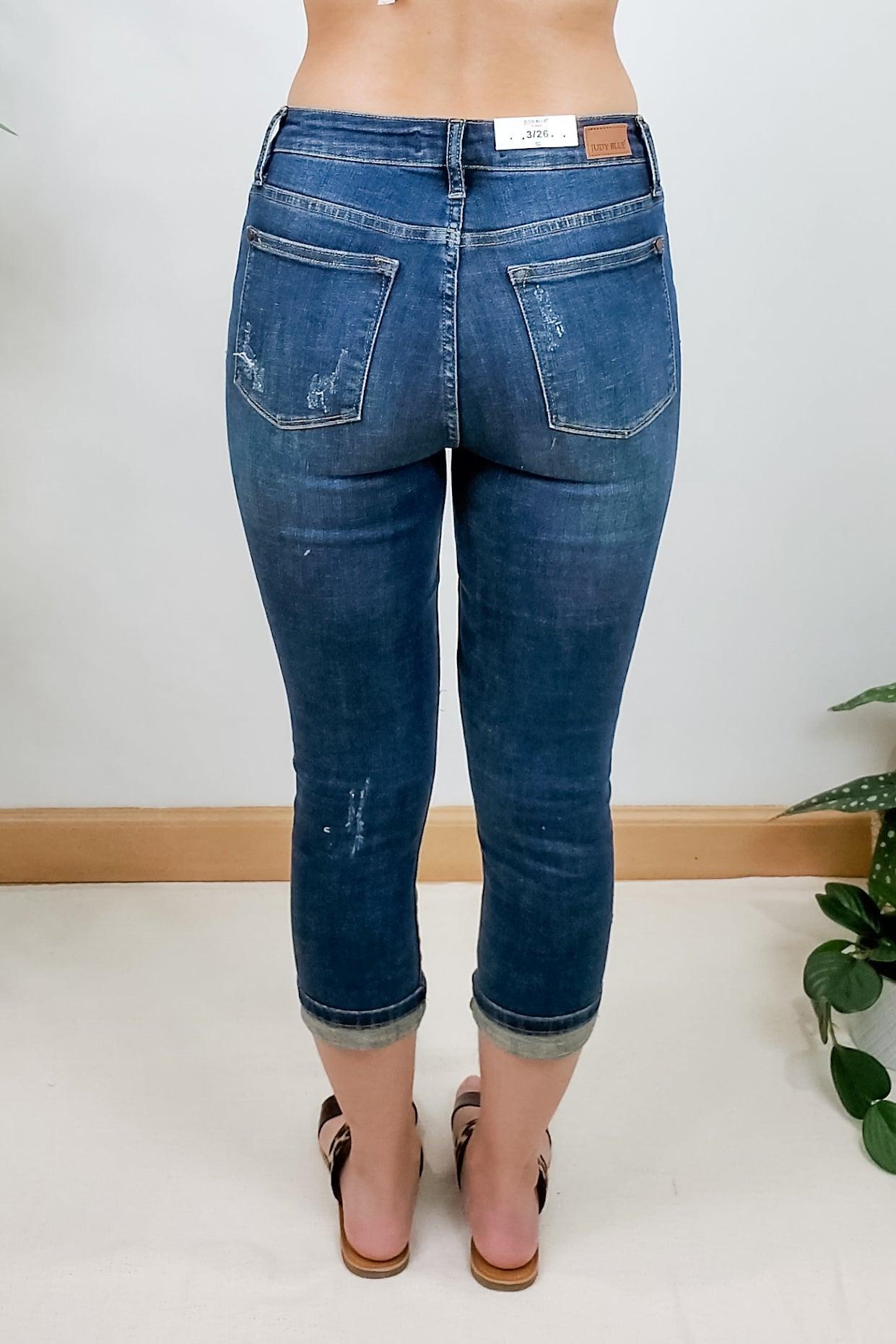 Judy Blue High Rise Cuffed Distressed Capri Jeans - Lavender Latte Boutique