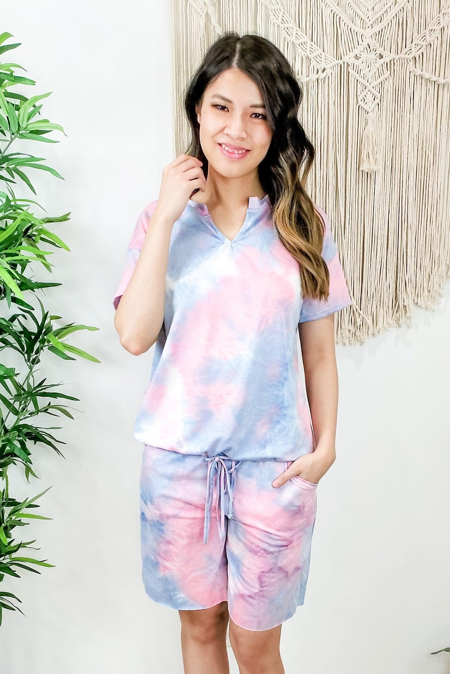 Blue & Pink Tie Dye Split Neck Lounge Top - Lavender Latte Boutique