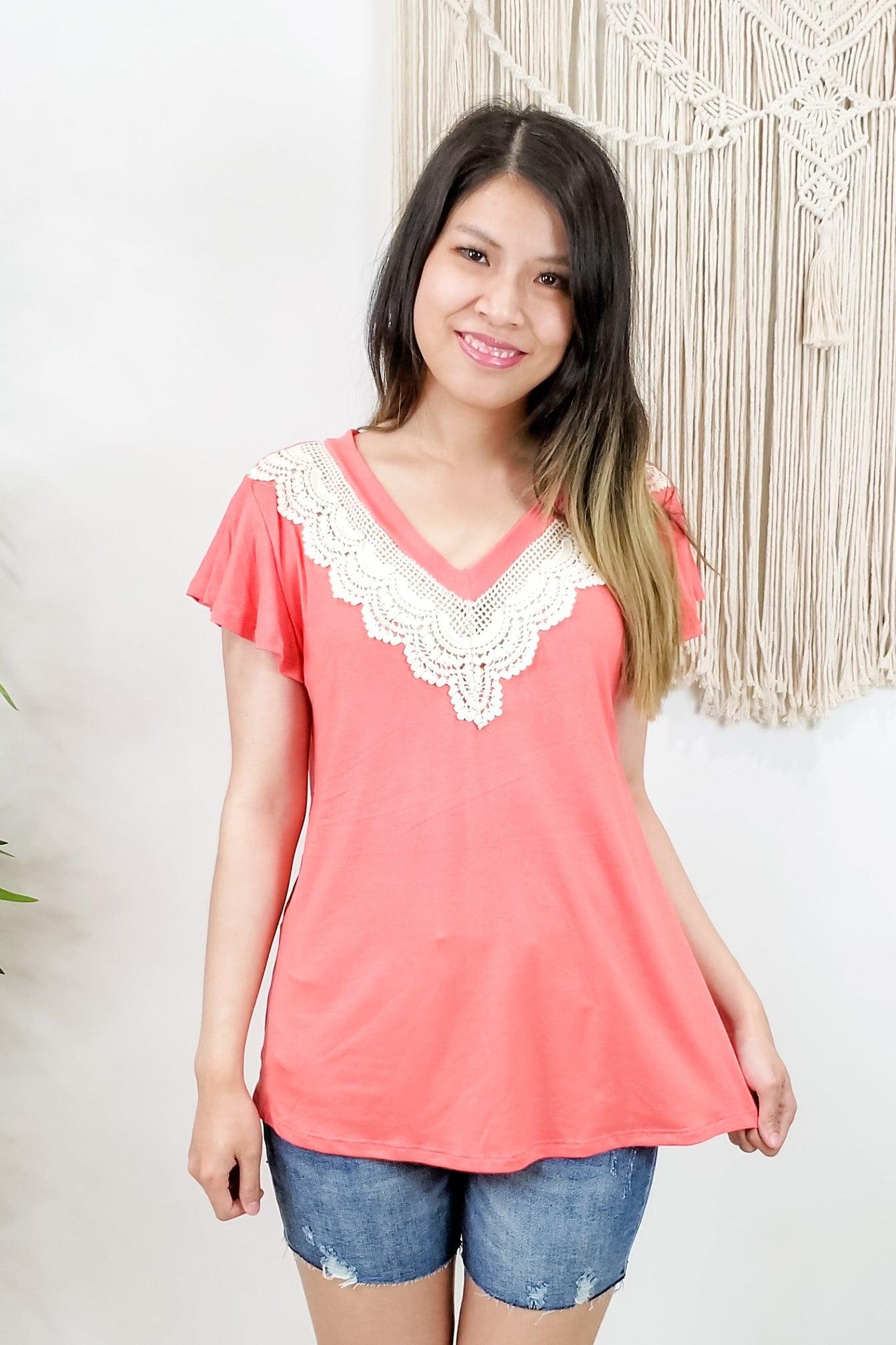 Coral V Neck Lace Flutter Sleeve Top - Lavender Latte Boutique