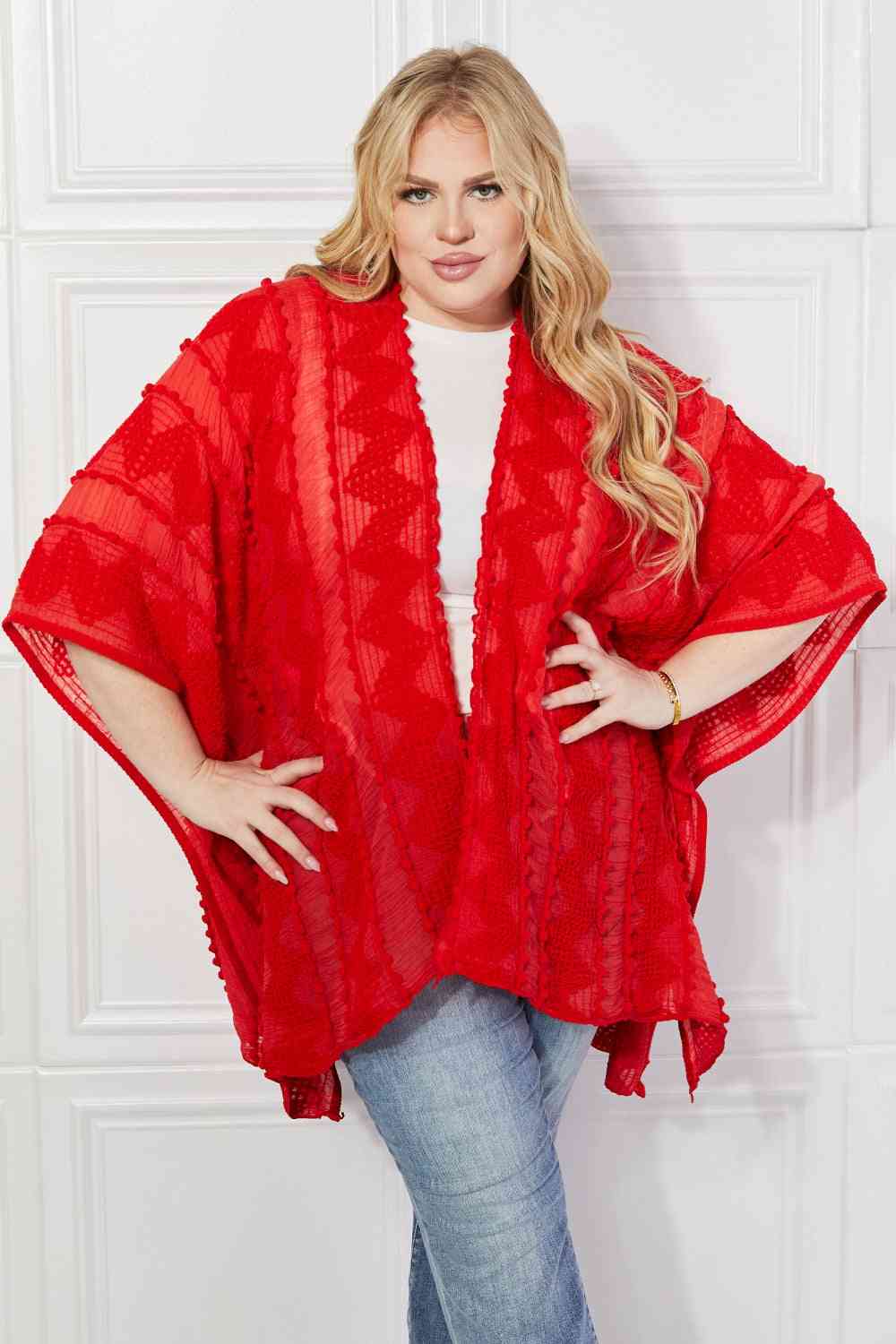 Red Pom-Pom Asymmetrical Poncho Kimono Cardigan