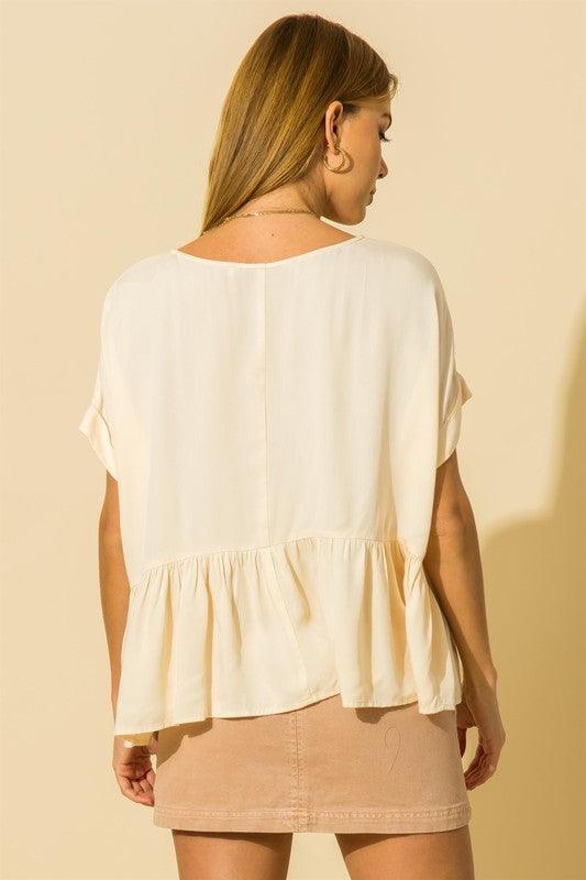 Beige Short Sleeve Cuffed Woven Babydoll Top - Lavender Latte Boutique