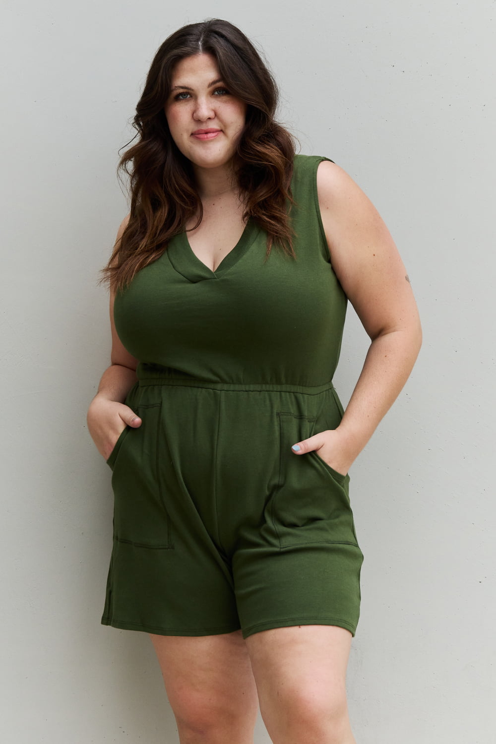 Army Green V-Neck Sleeveless Romper in Army Green