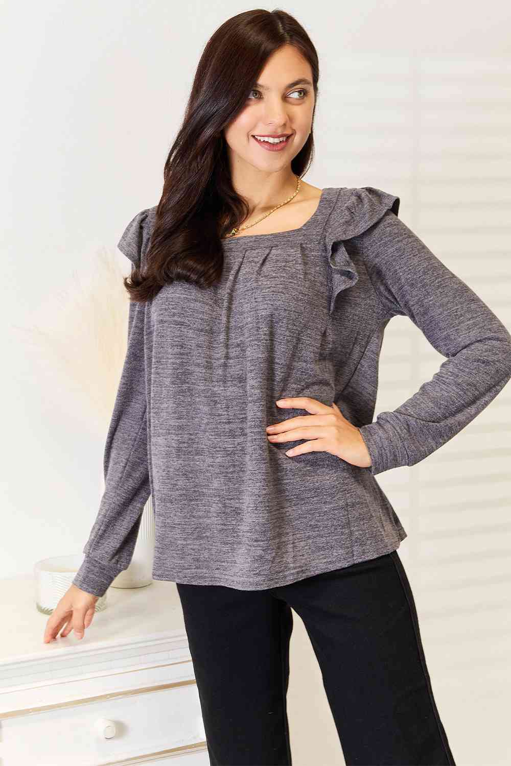 Square Neck Ruffle Shoulder Long Sleeve Top