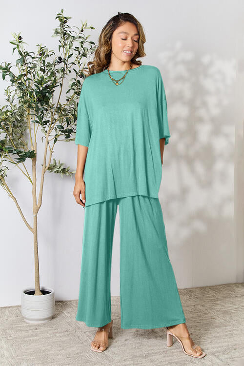 Round Neck Slit Top and Pants Set