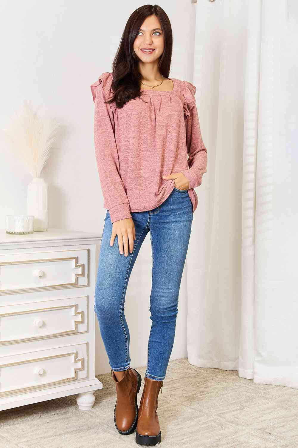 Square Neck Ruffle Shoulder Long Sleeve Top