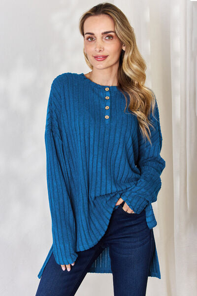 Ribbed Half Button Long Sleeve High-Low T-Shirt