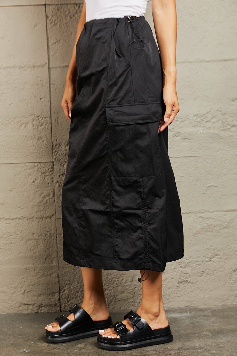 Black High Waisted Cargo Midi Skirt in Black