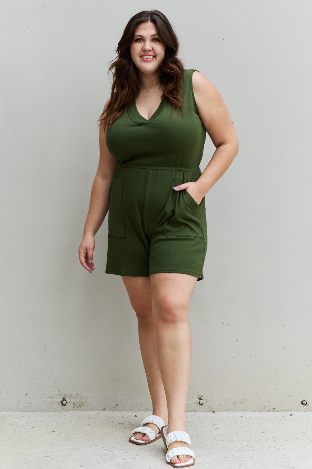 Army Green V-Neck Sleeveless Romper in Army Green