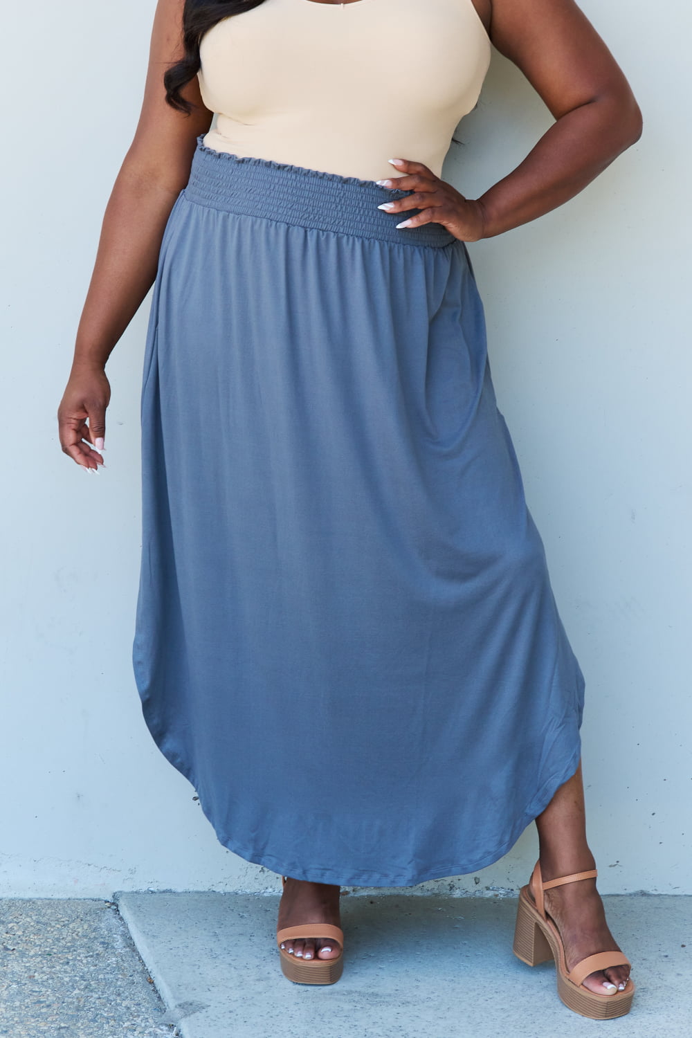 High Waist Scoop Hem Maxi Skirt