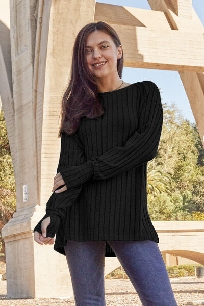 Ribbed Round Neck Long Sleeve Knit Top