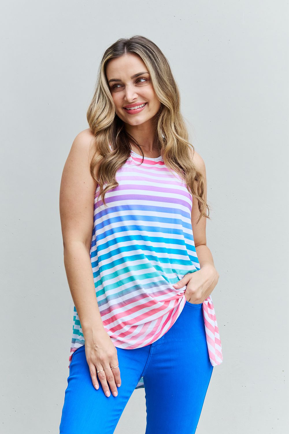 Multicolored Striped Sleeveless Round Neck Top