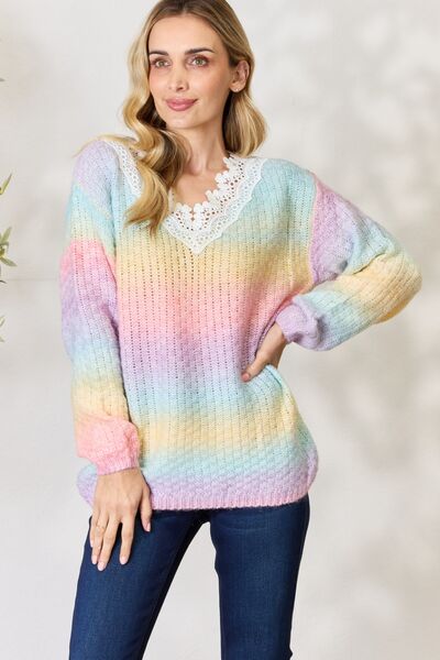 Rainbow Gradient Crochet Detail Sweater