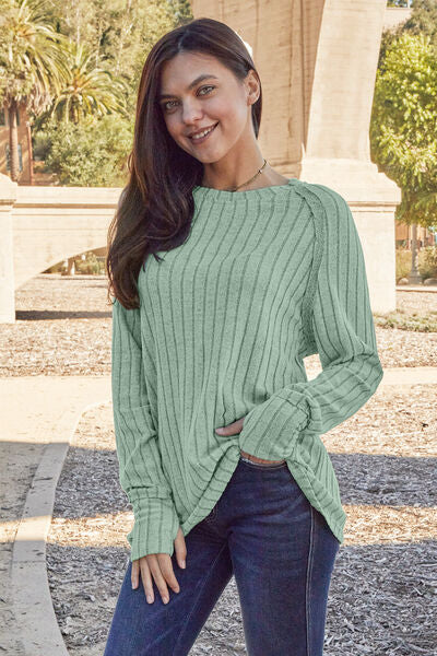 Ribbed Round Neck Long Sleeve Knit Top