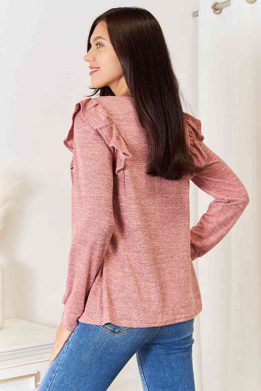 Square Neck Ruffle Shoulder Long Sleeve Top