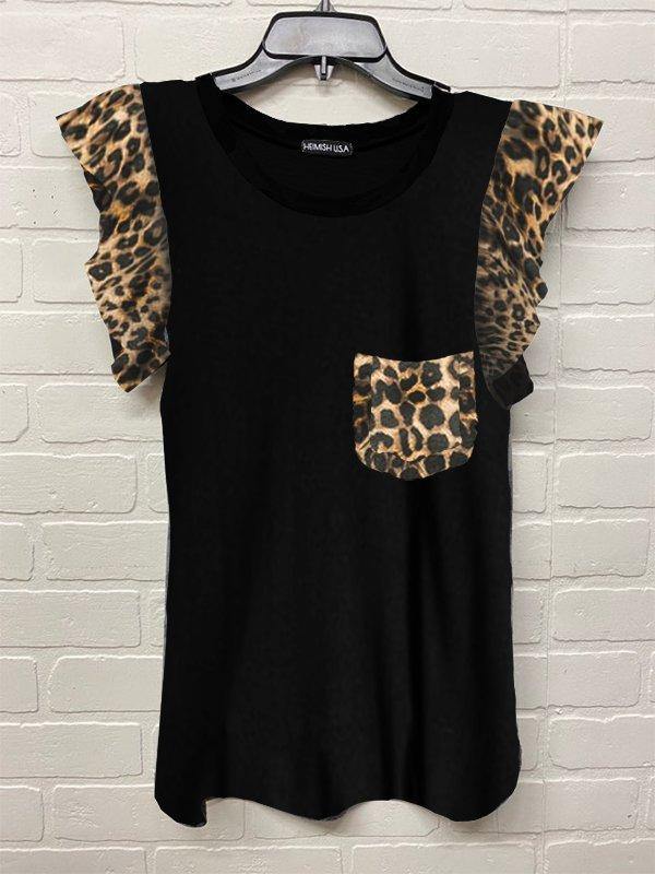 Black Leopard Flutter Sleeve Ruffle Pocket Tank - Lavender Latte Boutique